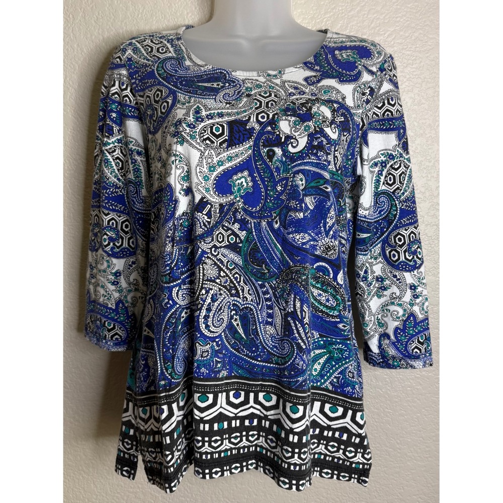 Chicos 0 US Small Top Blue Paisley 3/4 Sleeve Cotton Modal Scoop Neck Print‎
